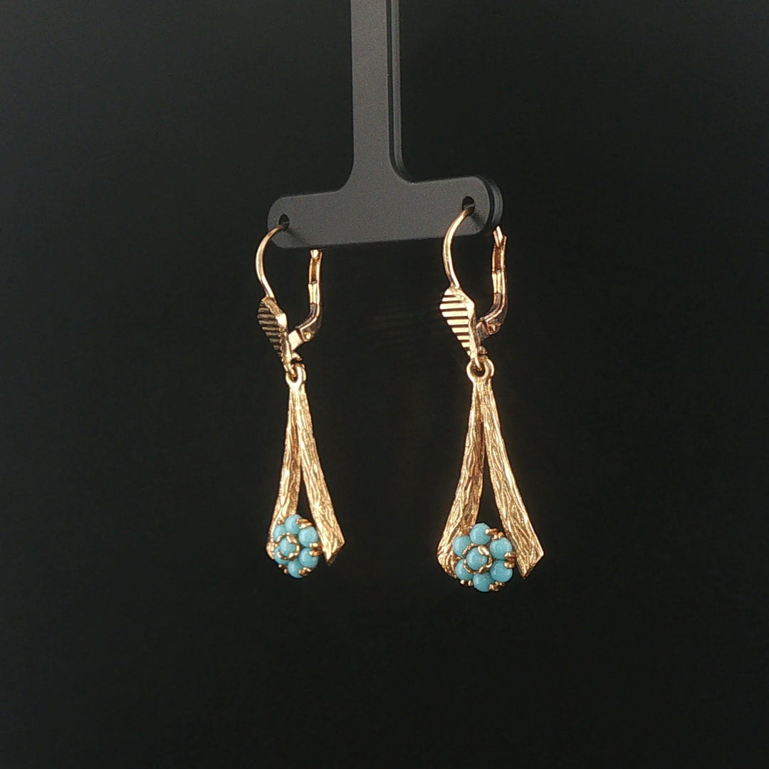 18k Yellow Gold and Turquoise Vintage Drop Dangle Earrings 1.85"