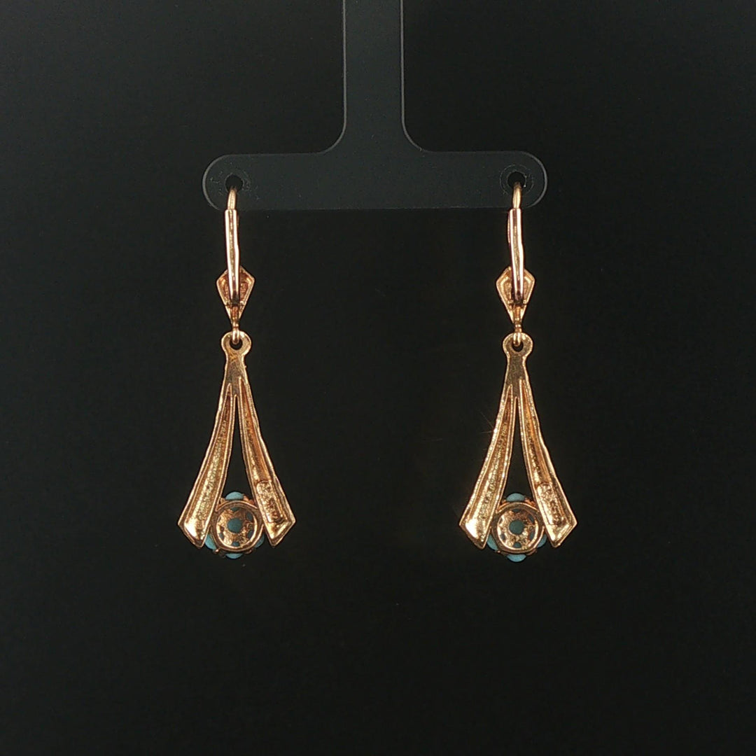 18k Yellow Gold and Turquoise Vintage Drop Dangle Earrings 1.85"