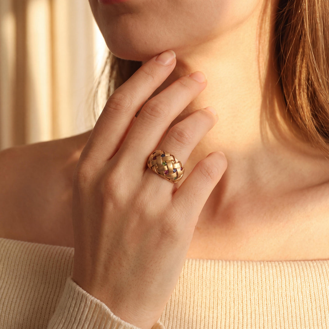 LeVian 14k Yellow Gold Multi Gemstone Basketweave Ring Size 6.75