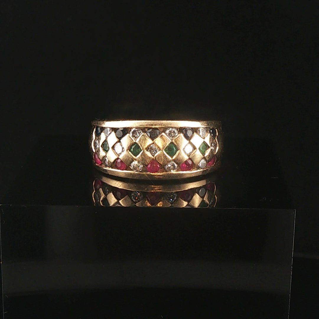 14k Yellow Gold Multi Gemstone and Diamond Vintage Band Ring Size 6