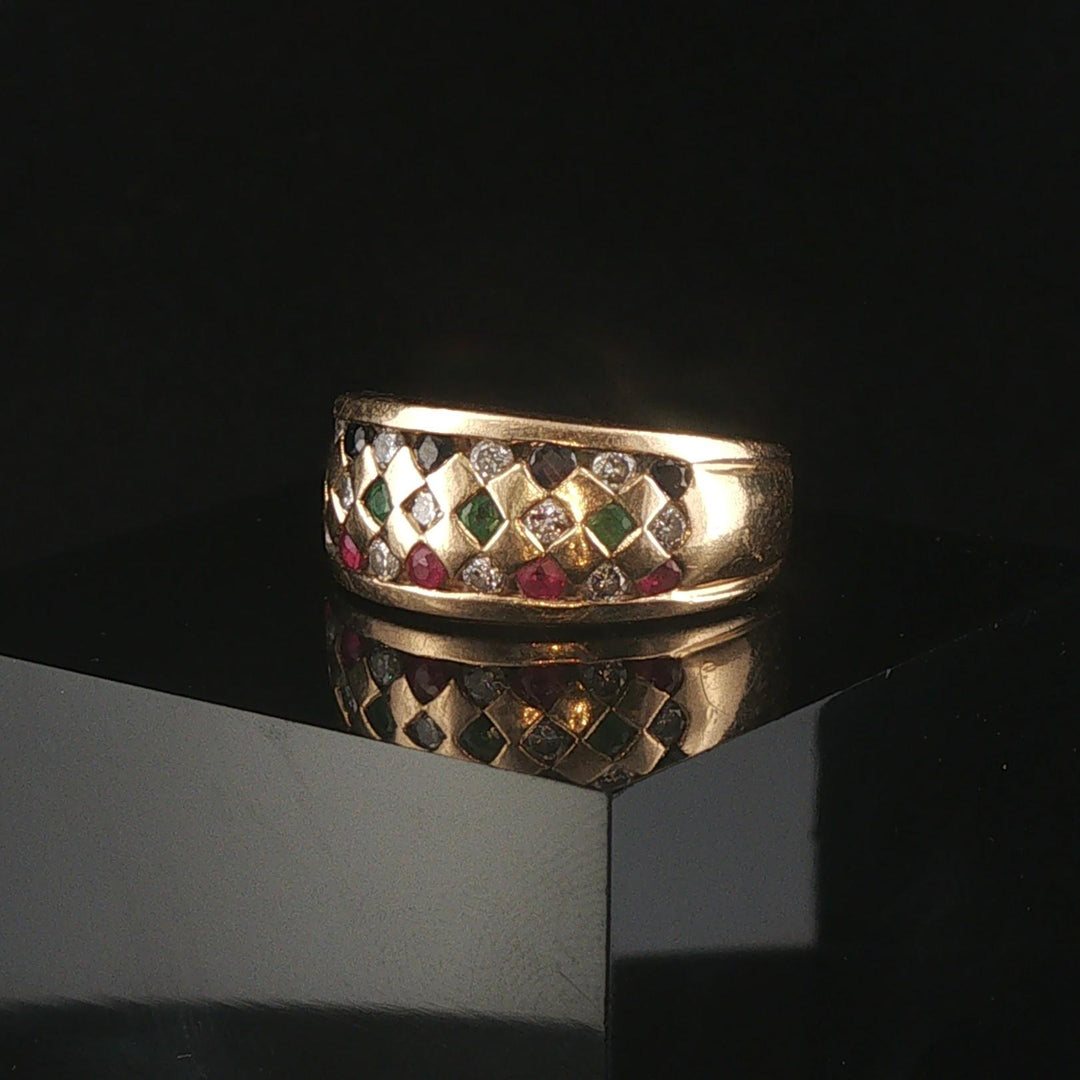 14k Yellow Gold Multi Gemstone and Diamond Vintage Band Ring Size 6