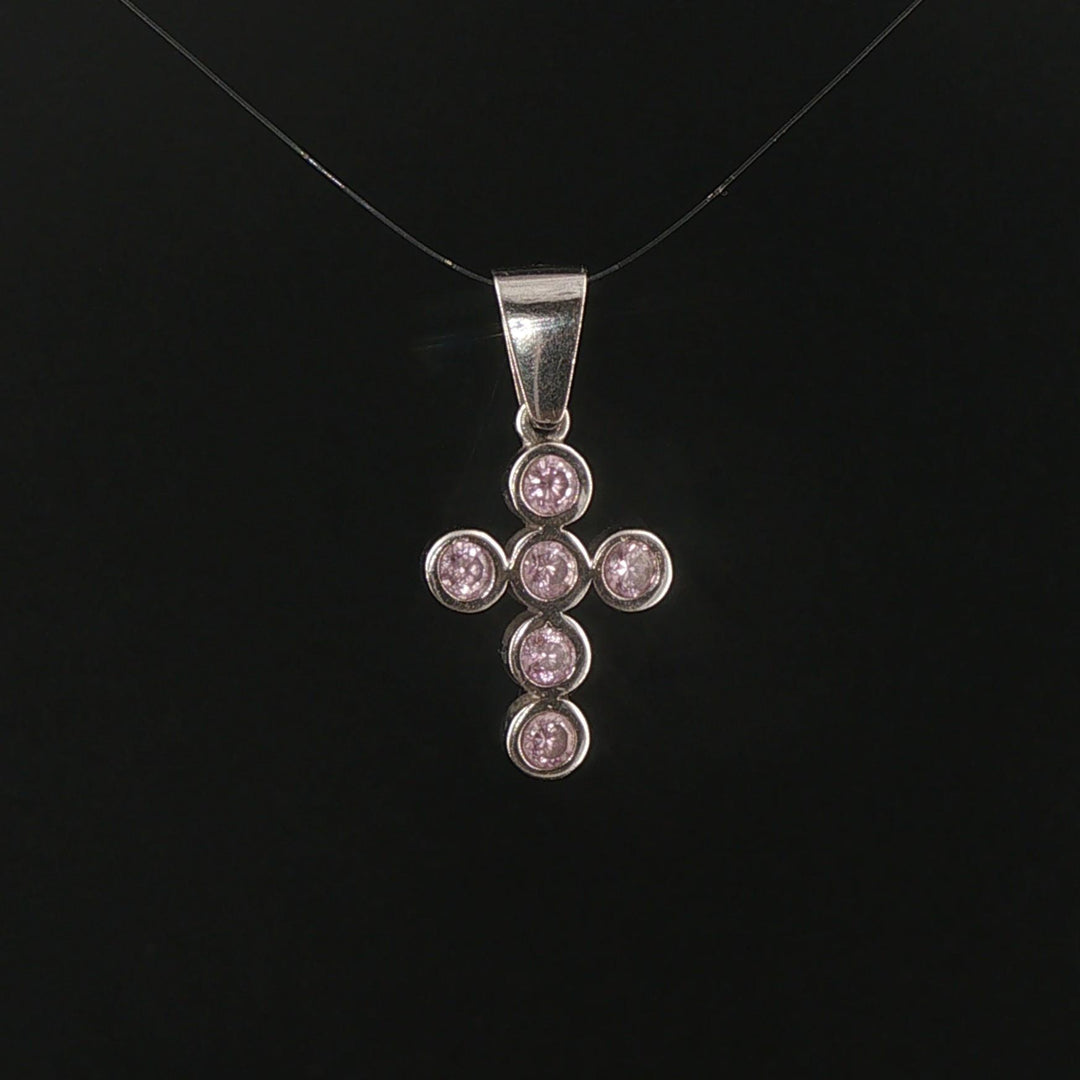 14k White Gold and Bezel Set Pink Quartz Cross Pendant 1"