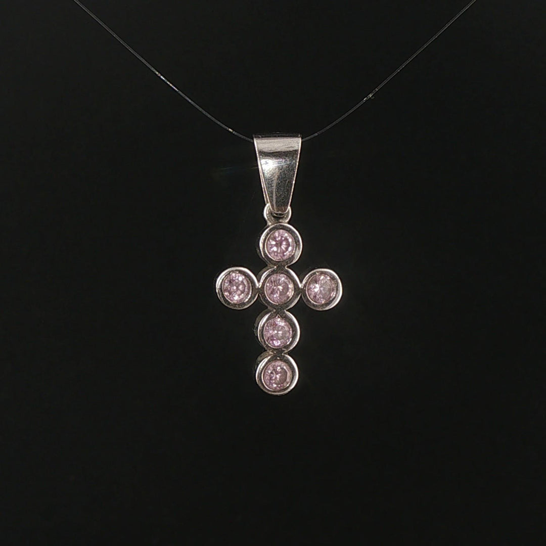 14k White Gold and Bezel Set Pink Quartz Cross Pendant 1"