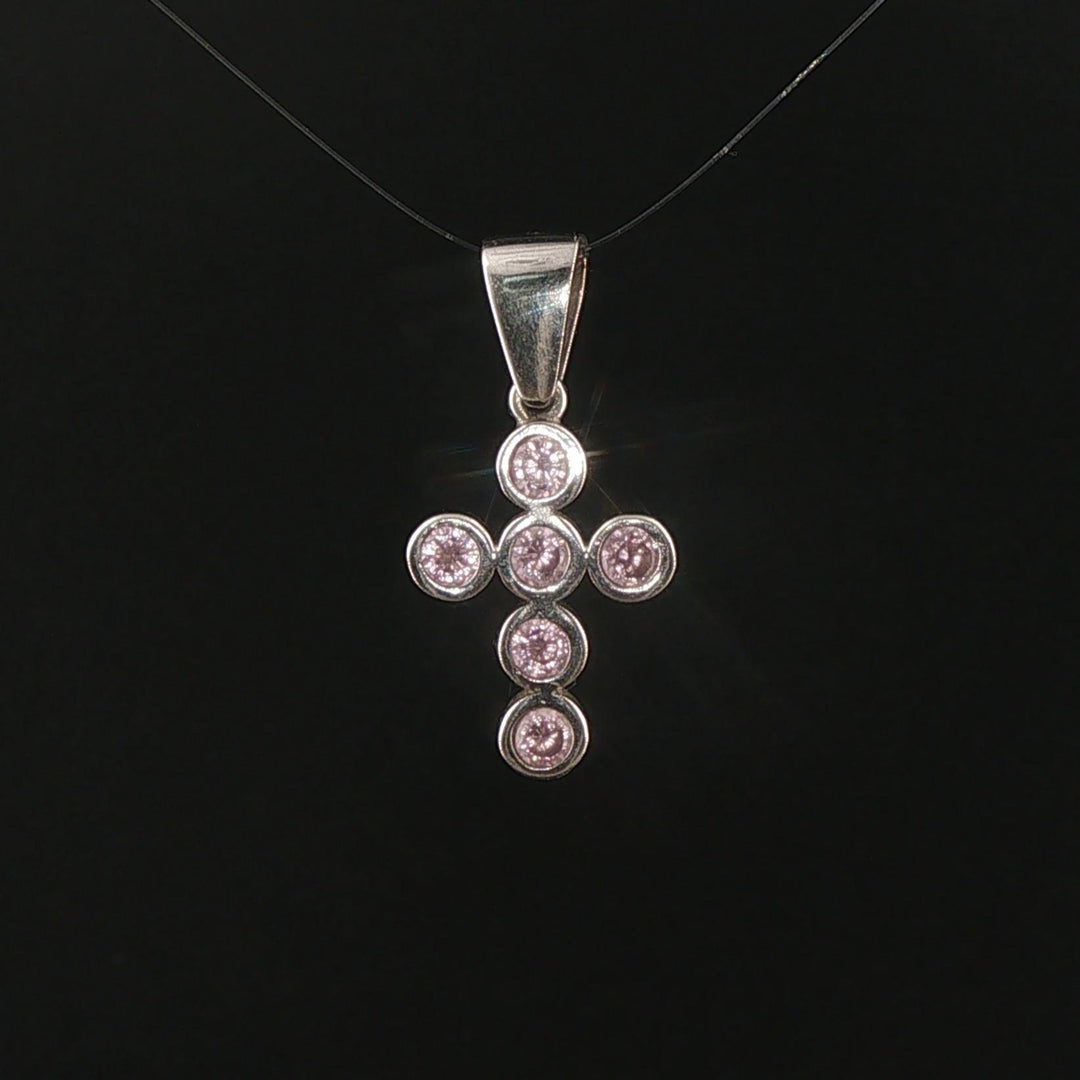 14k White Gold and Bezel Set Pink Quartz Cross Pendant 1"
