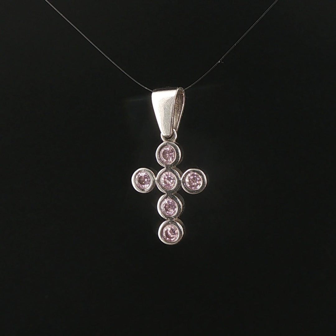 14k White Gold and Bezel Set Pink Quartz Cross Pendant 1"