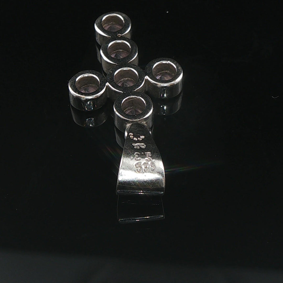 14k White Gold and Bezel Set Pink Quartz Cross Pendant 1"