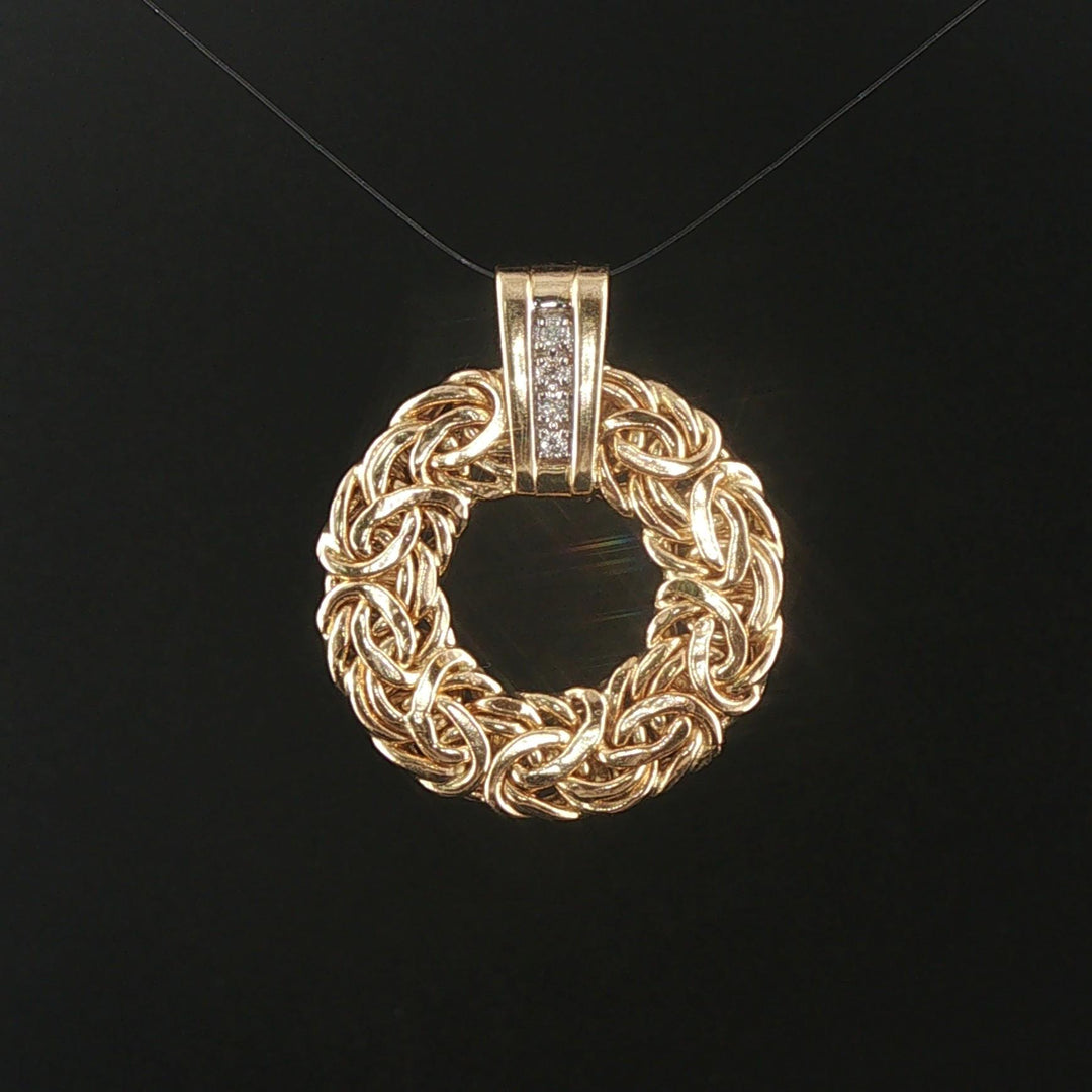 14k Yellow Gold and Diamond Byzantine Circle Pendant 1.2"