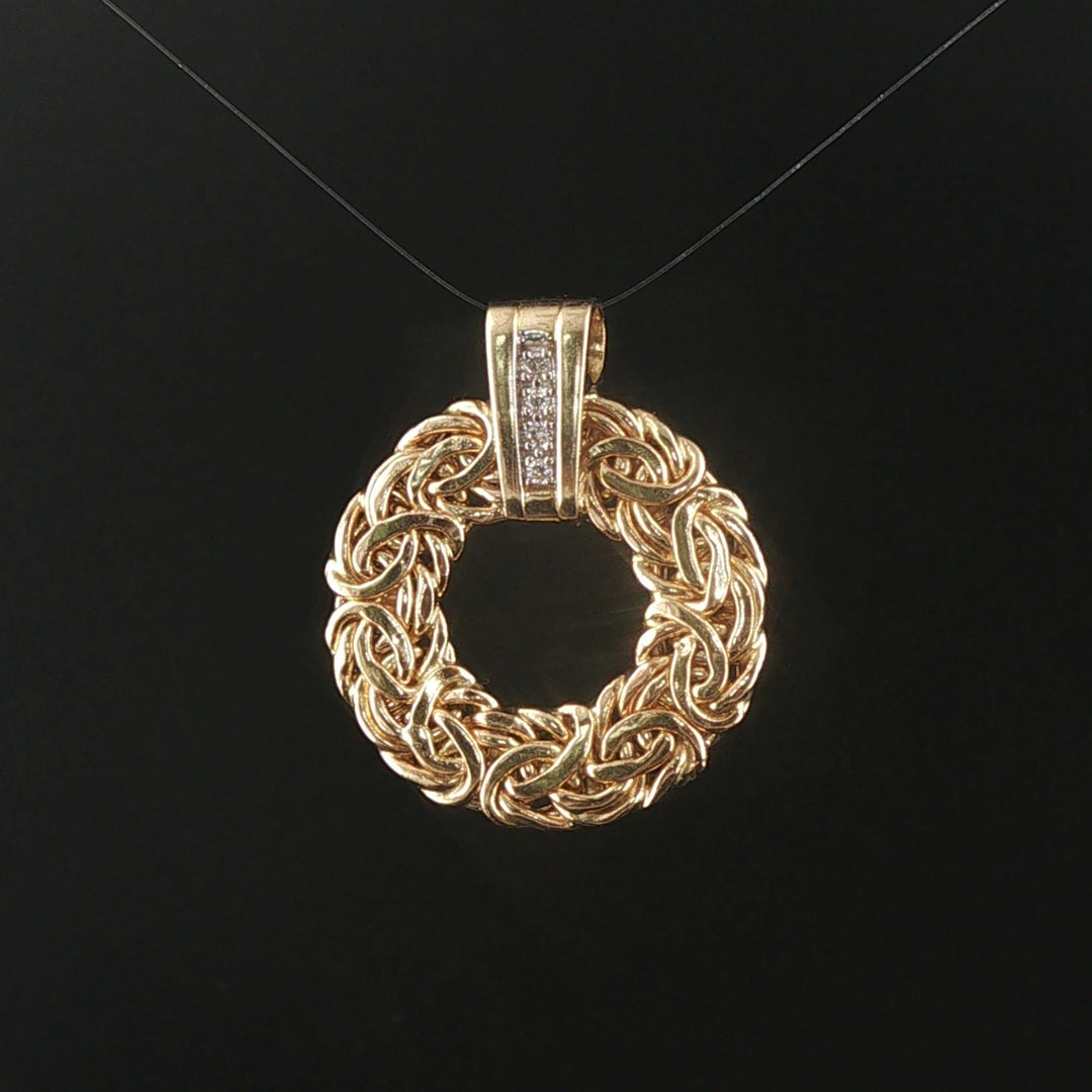 14k Yellow Gold and Diamond Byzantine Circle Pendant 1.2"