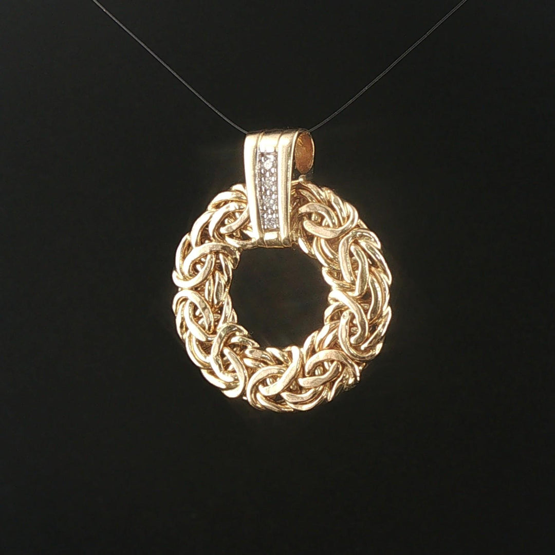 14k Yellow Gold and Diamond Byzantine Circle Pendant 1.2"