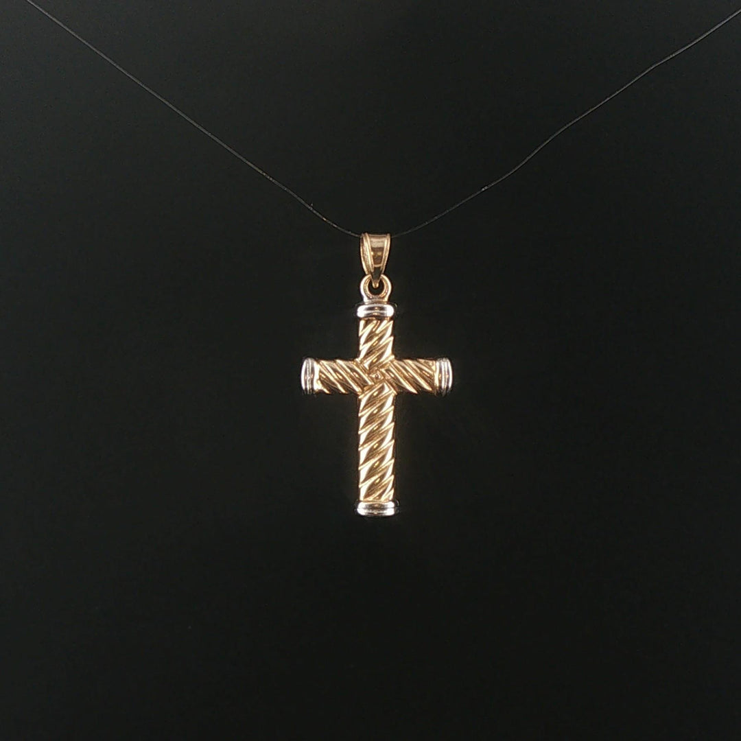 14k Yellow and White Gold 1.3g Hollow Cross Pendant 1.35"