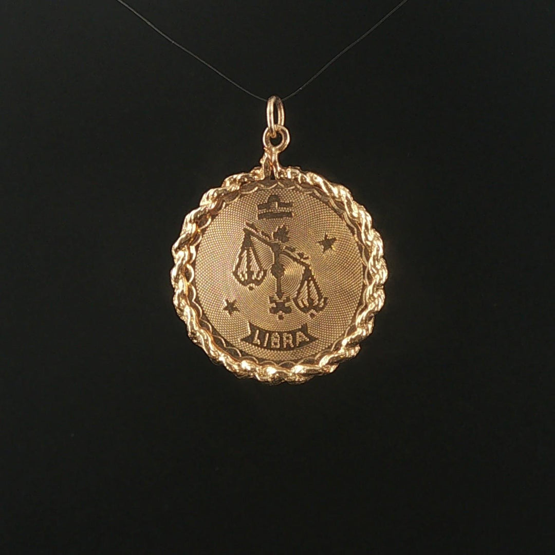 14k Yellow Gold 4.8g Solid Vintage Rope Border Libra Charm Pendant 1.5"