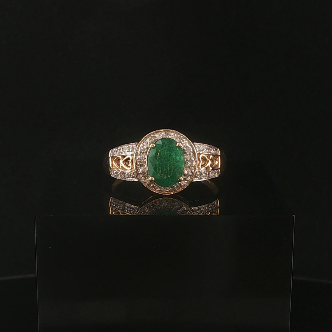 14k Yellow and White Gold Emerald and Diamond Ladies Fancy Ring Size 9