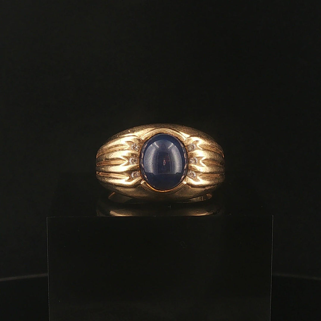 14k Yellow Gold Blue Star Sapphire and Diamond Vintage Men's Heavy Ring Size 10