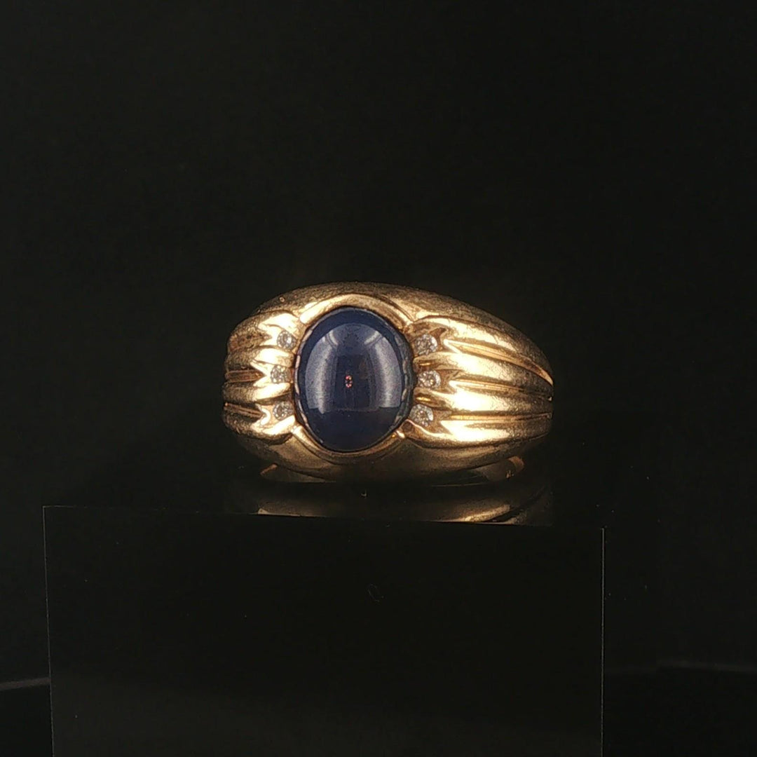 14k Yellow Gold Blue Star Sapphire and Diamond Vintage Men's Heavy Ring Size 10
