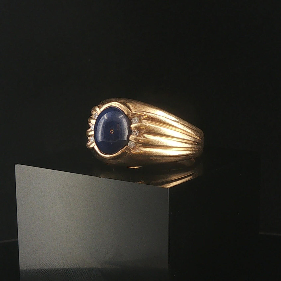 14k Yellow Gold Blue Star Sapphire and Diamond Vintage Men's Heavy Ring Size 10