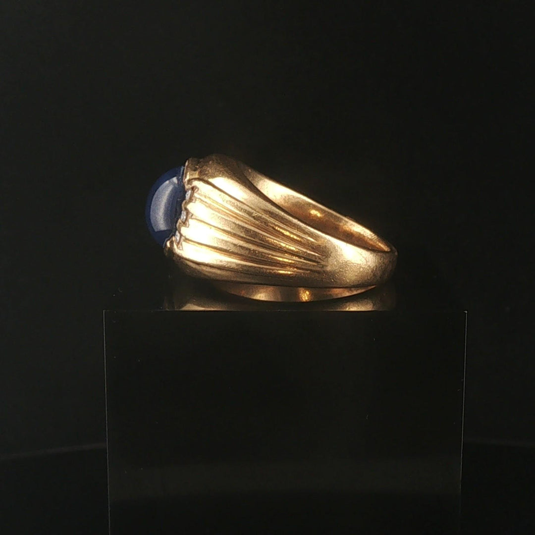 14k Yellow Gold Blue Star Sapphire and Diamond Vintage Men's Heavy Ring Size 10