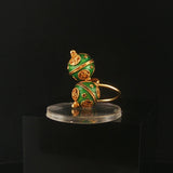 18k Yellow Gold and Green Enamel Vintage Bypass Ball Ring Size 3.5