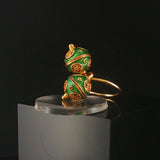 18k Yellow Gold and Green Enamel Vintage Bypass Ball Ring Size 3.5