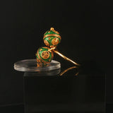 18k Yellow Gold and Green Enamel Vintage Bypass Ball Ring Size 3.5