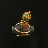 18k Yellow Gold and Green Enamel Vintage Bypass Ball Ring Size 3.5