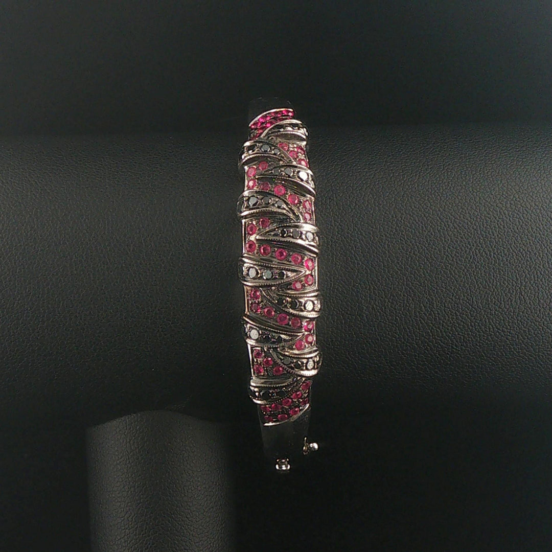 14k White Gold Pink Sapphire and Black Diamond Solid Bangle Bracelet 7"