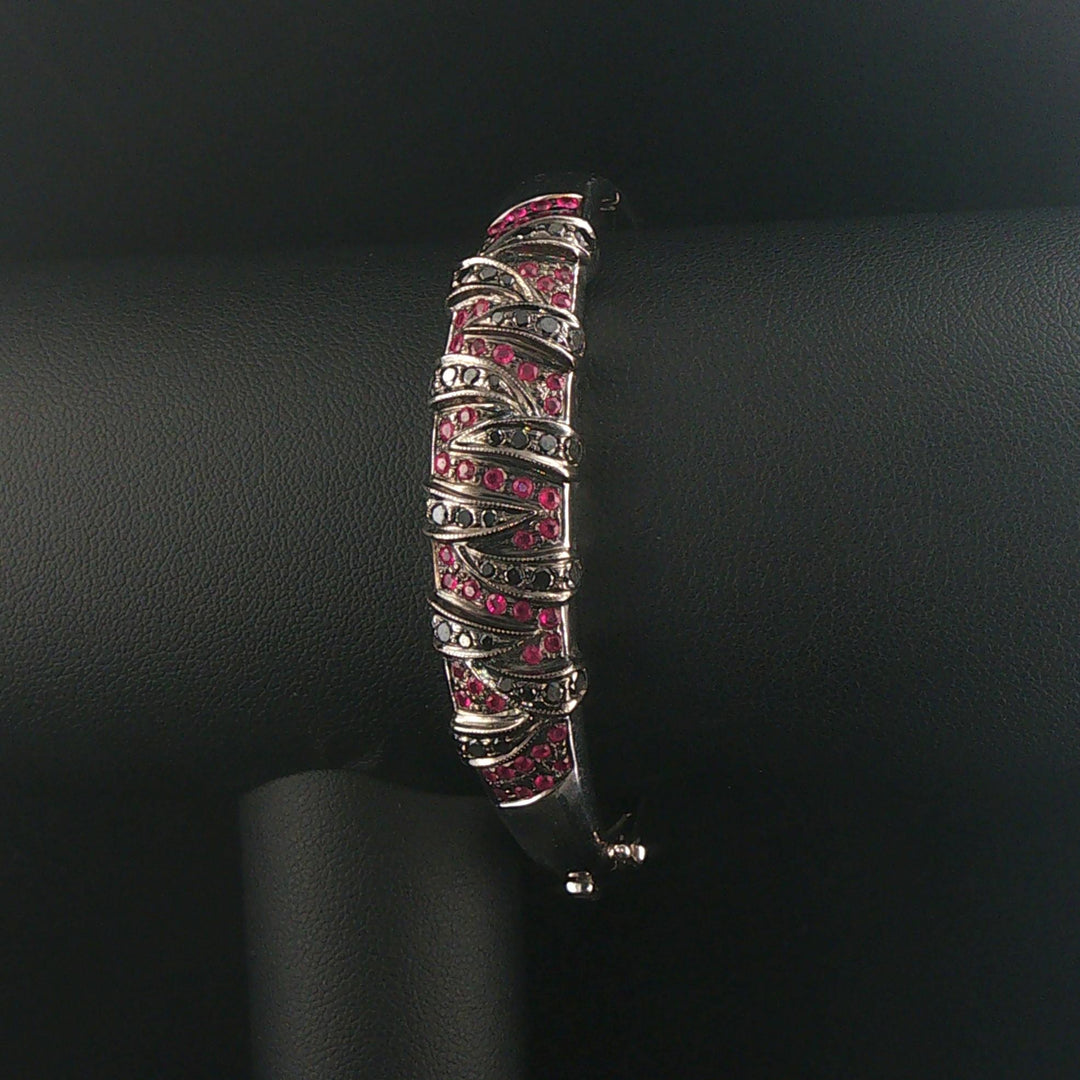14k White Gold Pink Sapphire and Black Diamond Solid Bangle Bracelet 7"
