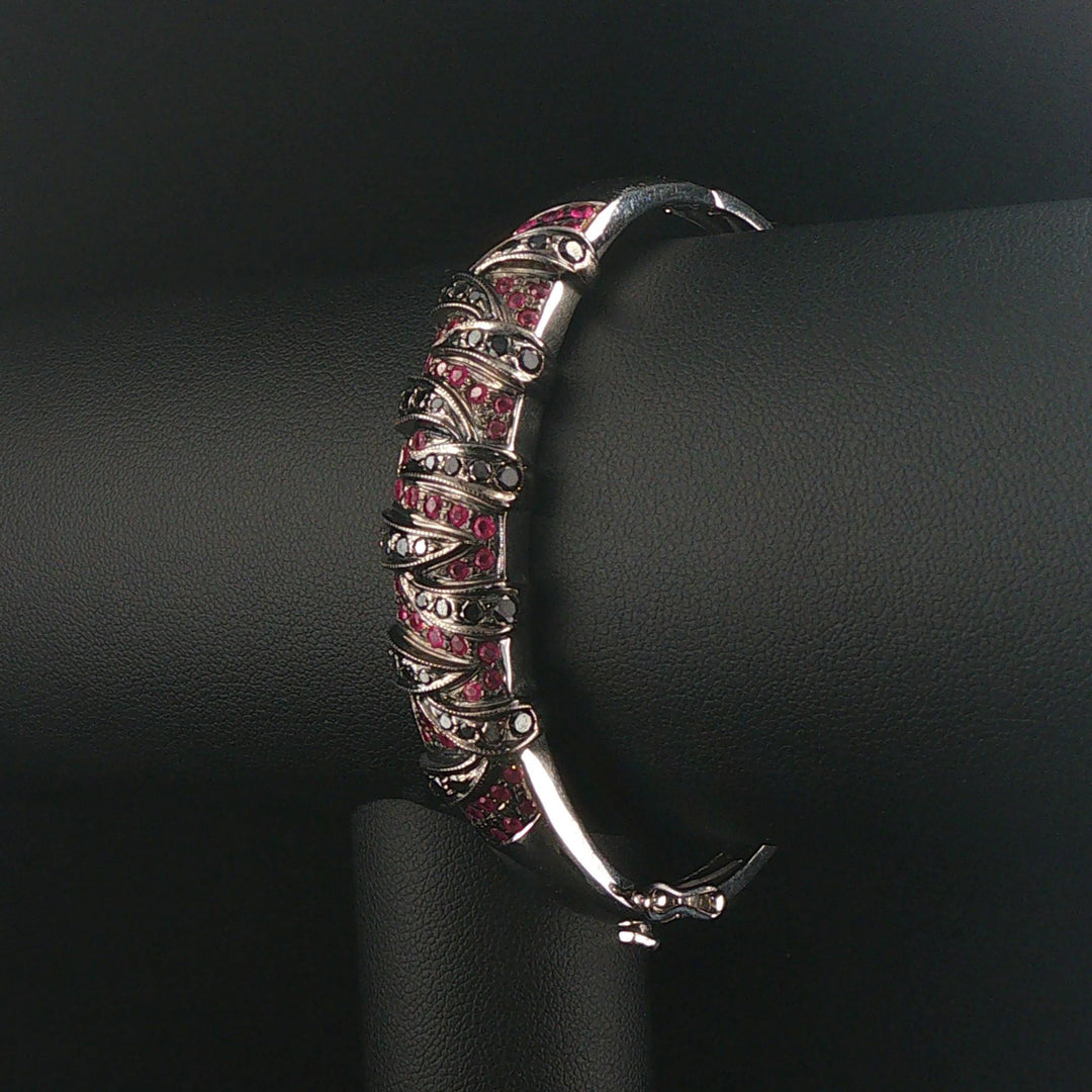 14k White Gold Pink Sapphire and Black Diamond Solid Bangle Bracelet 7"