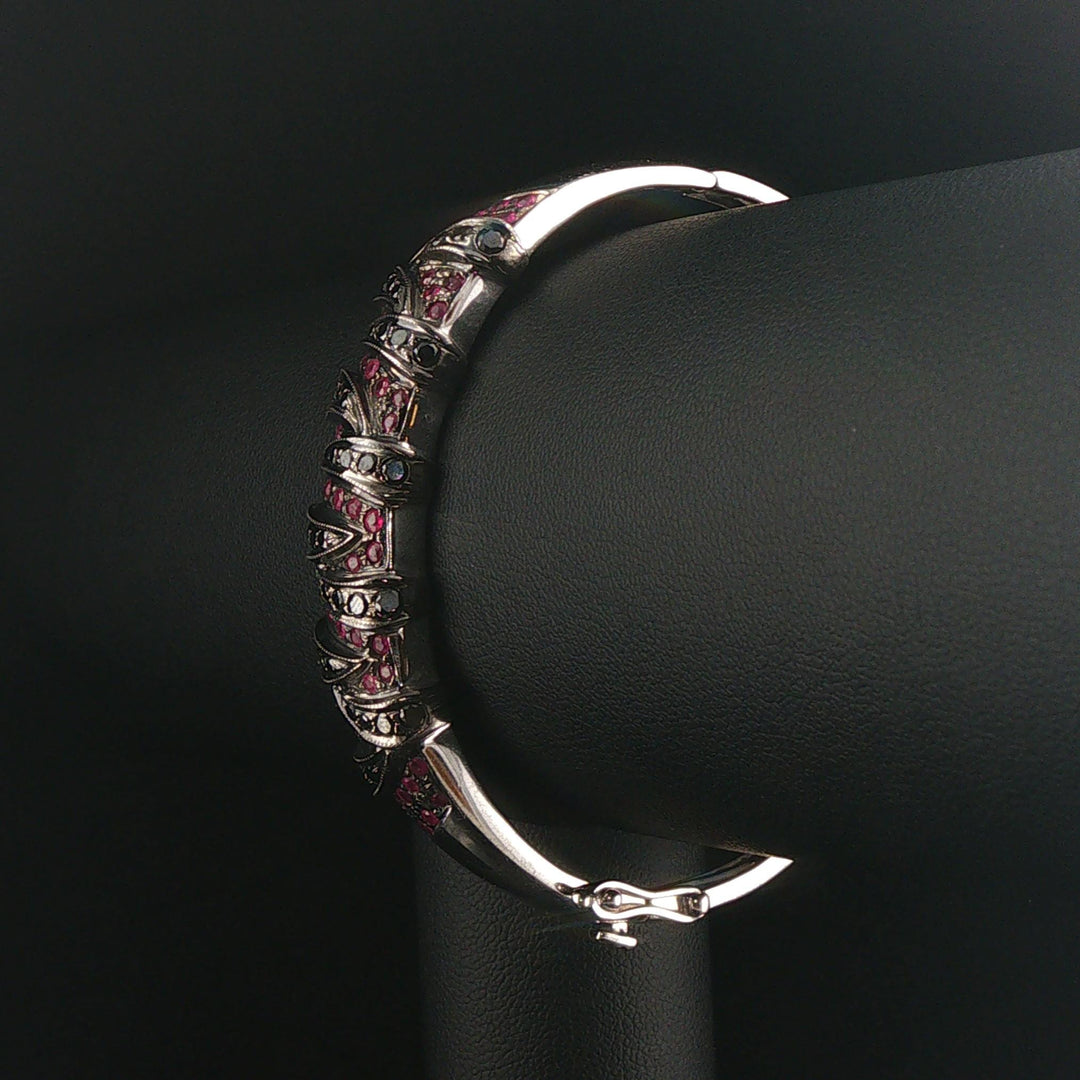 14k White Gold Pink Sapphire and Black Diamond Solid Bangle Bracelet 7"
