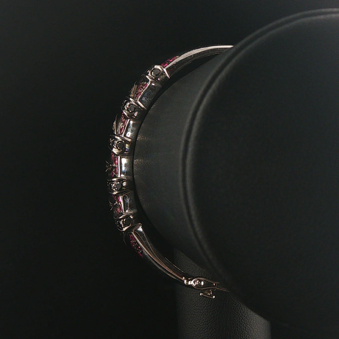 14k White Gold Pink Sapphire and Black Diamond Solid Bangle Bracelet 7"