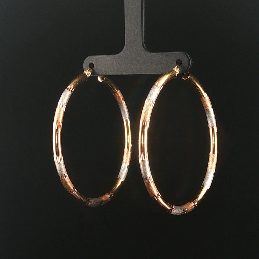 14k Yellow White and Rose Gold 4.2g Large Diamond Cut Hoop Earrings 2"