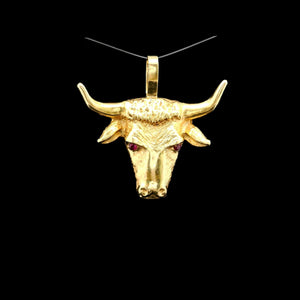 14k Yellow Gold and Ruby Eyes 6g Solid Bull Pendant