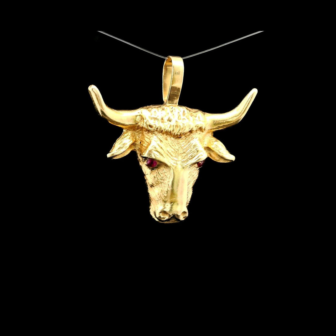14k Yellow Gold and Ruby Eyes 6g Solid Bull Pendant