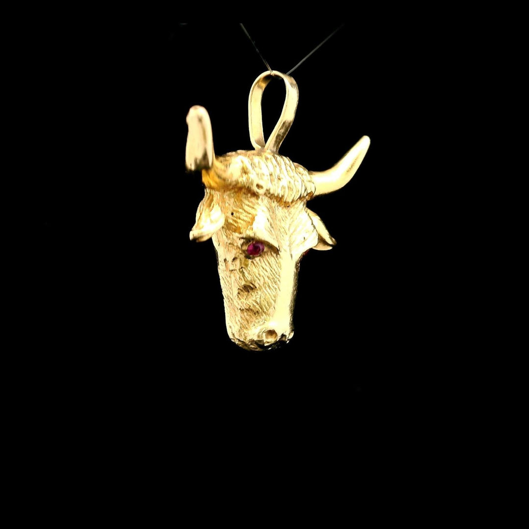 14k Yellow Gold and Ruby Eyes 6g Solid Bull Pendant