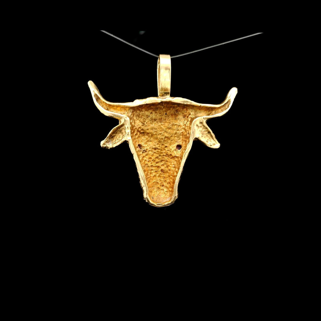14k Yellow Gold and Ruby Eyes 6g Solid Bull Pendant