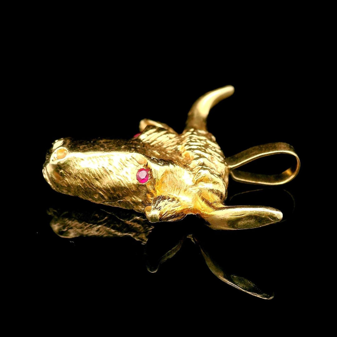 14k Yellow Gold and Ruby Eyes 6g Solid Bull Pendant