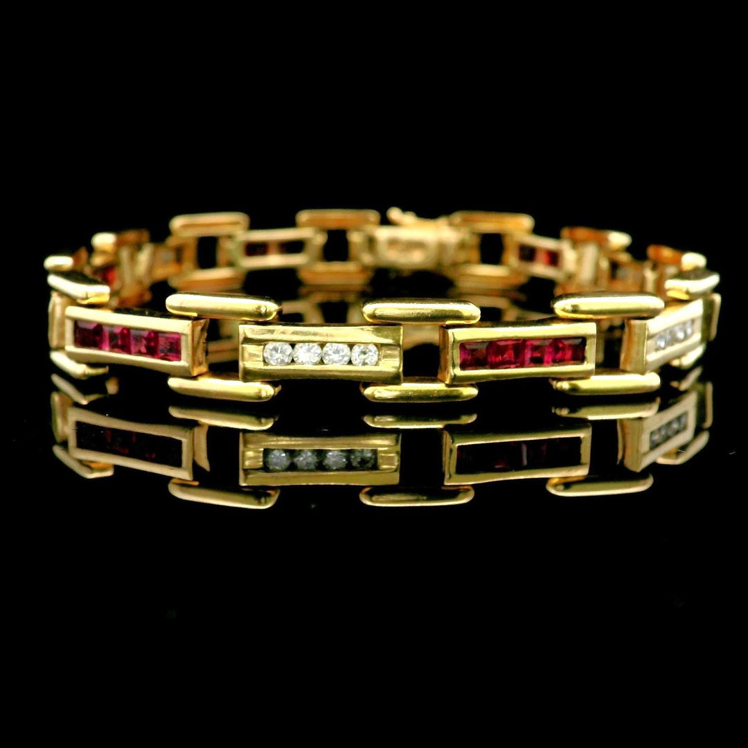 14k Yellow Gold Ruby and Diamond 19.8g Bar Link Bracelet 7"