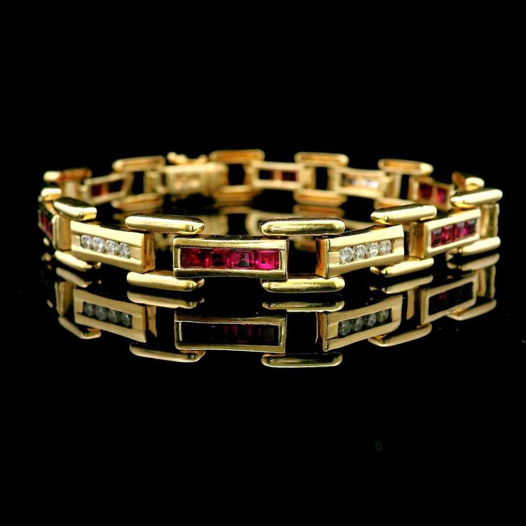 14k Yellow Gold Ruby and Diamond 19.8g Bar Link Bracelet 7"
