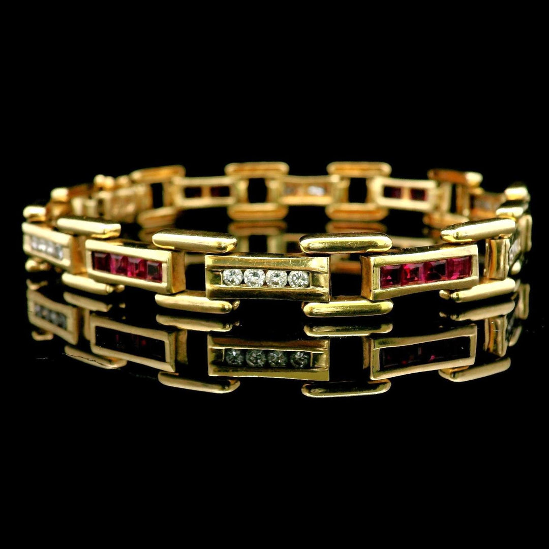 14k Yellow Gold Ruby and Diamond 19.8g Bar Link Bracelet 7"
