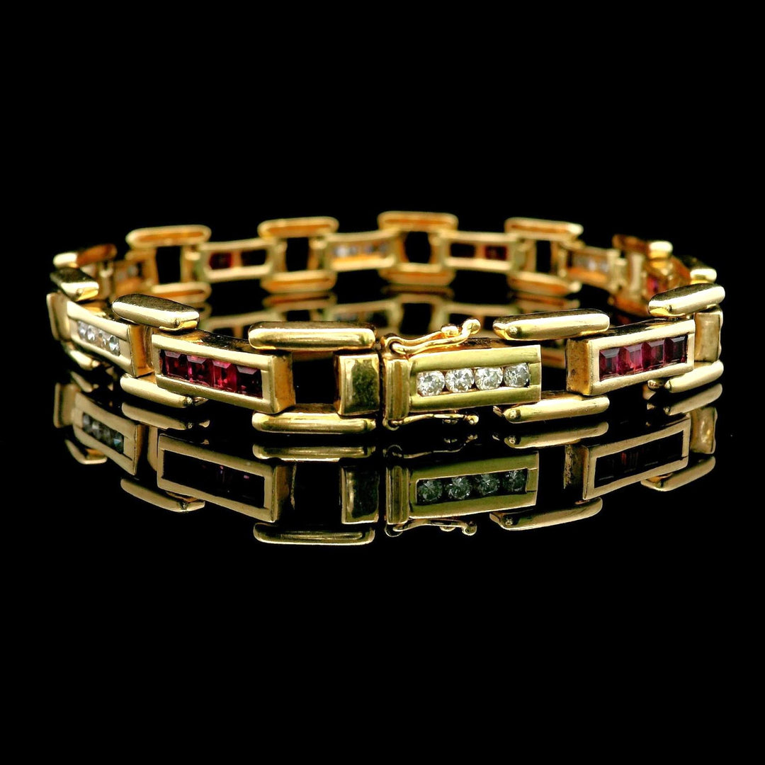 14k Yellow Gold Ruby and Diamond 19.8g Bar Link Bracelet 7"