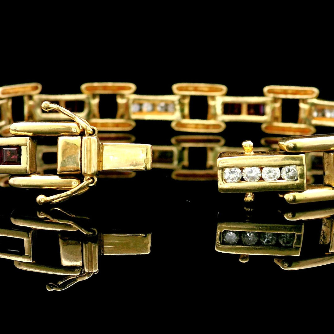 14k Yellow Gold Ruby and Diamond 19.8g Bar Link Bracelet 7"
