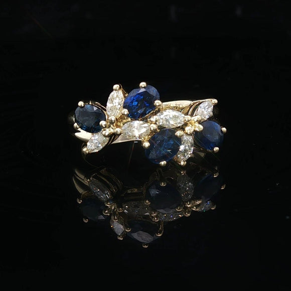 18k Yellow Gold Blue Sapphire and 0.44cttw Diamond Floral Ring Size 5.25