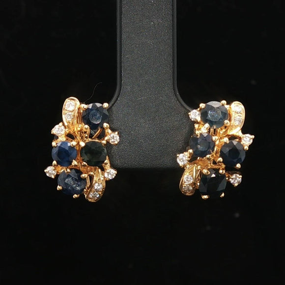 14k Yellow Gold Blue Sapphire and Diamond Cluster Floral Stud Earrings