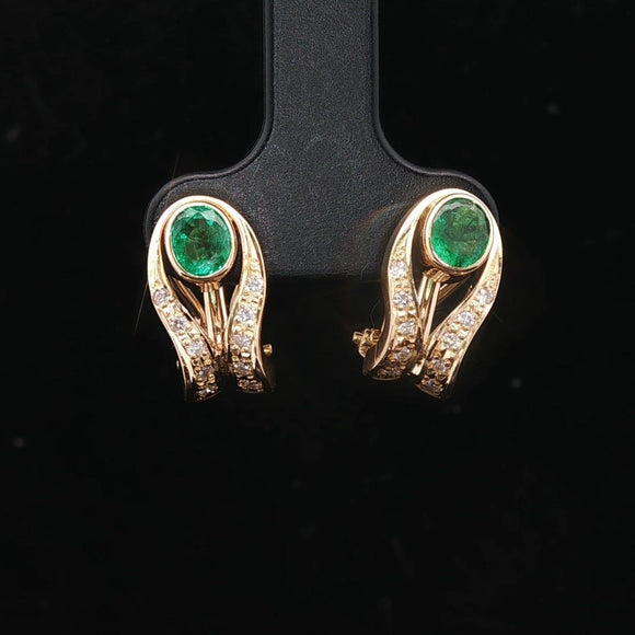 18k Yellow Gold Emerald and Diamond Ladies Earrings