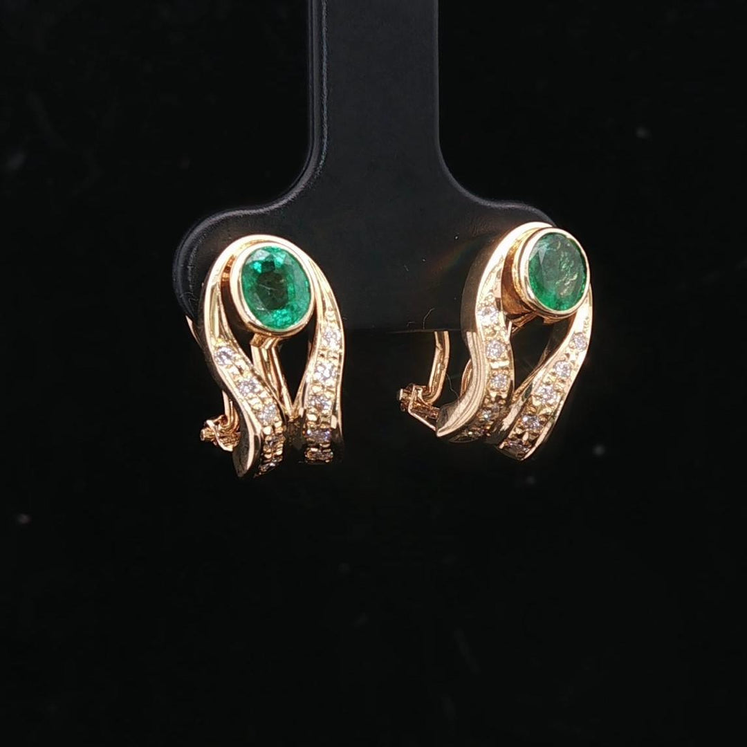 18k Yellow Gold Emerald and Diamond Ladies Earrings