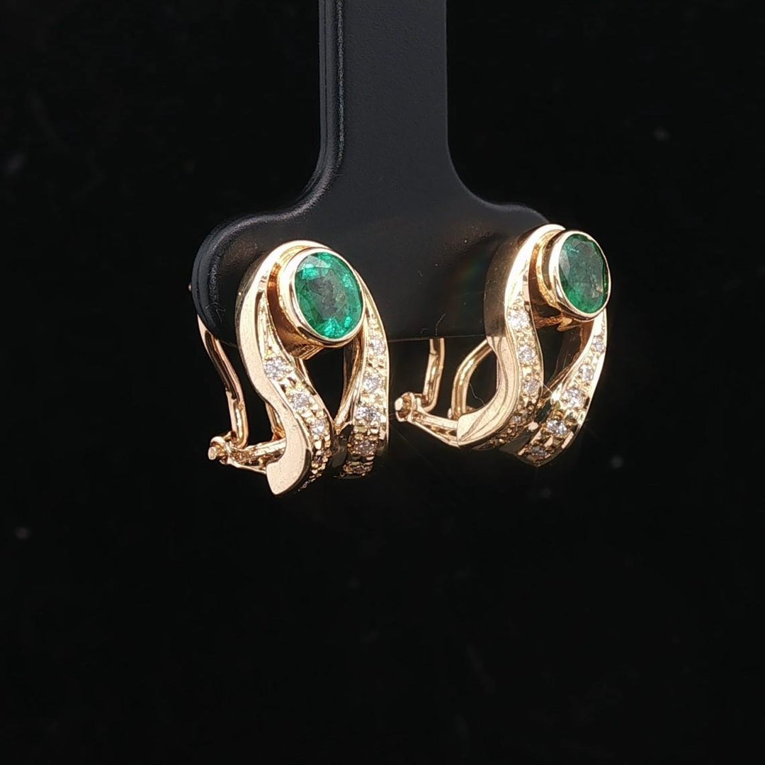 18k Yellow Gold Emerald and Diamond Ladies Earrings