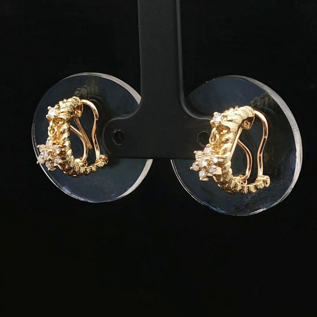18k Yellow Gold and 0.30cttw Diamond Dangle Floral Huggie Earrings