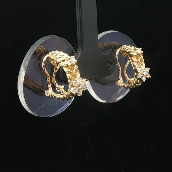 18k Yellow Gold and 0.30cttw Diamond Dangle Floral Huggie Earrings