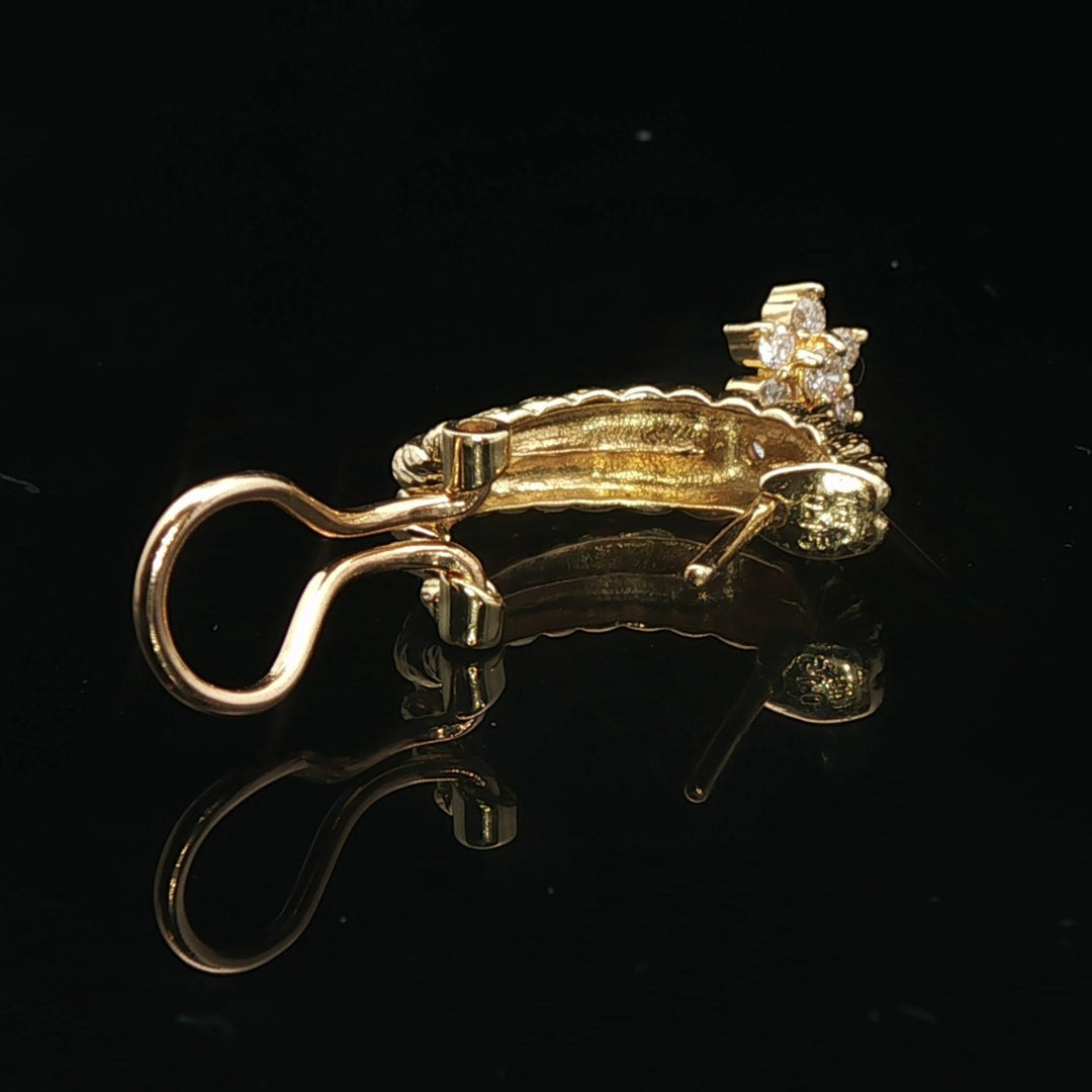 18k Yellow Gold and 0.30cttw Diamond Dangle Floral Huggie Earrings