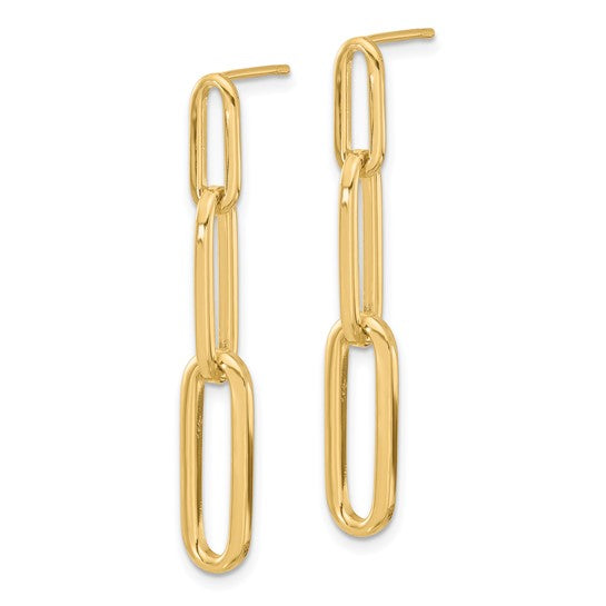 Brand New Polished Paperclip Link Post Dangle Earrings in 14k Yellow Gold
