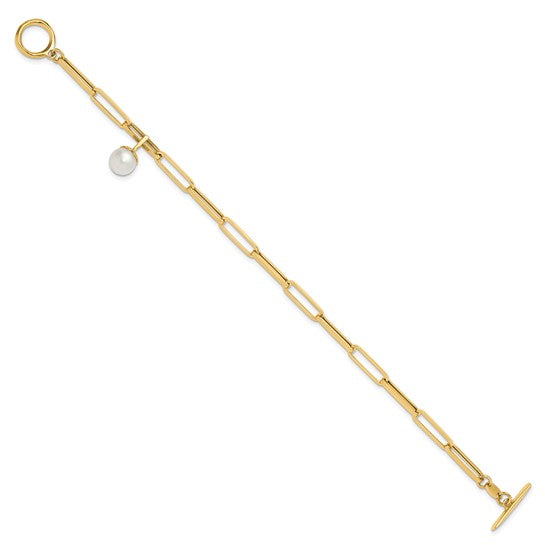 Brand New 14k Yellow Gold Cultured Pearl Paperclip Link Toggle Bracelet  7.5"